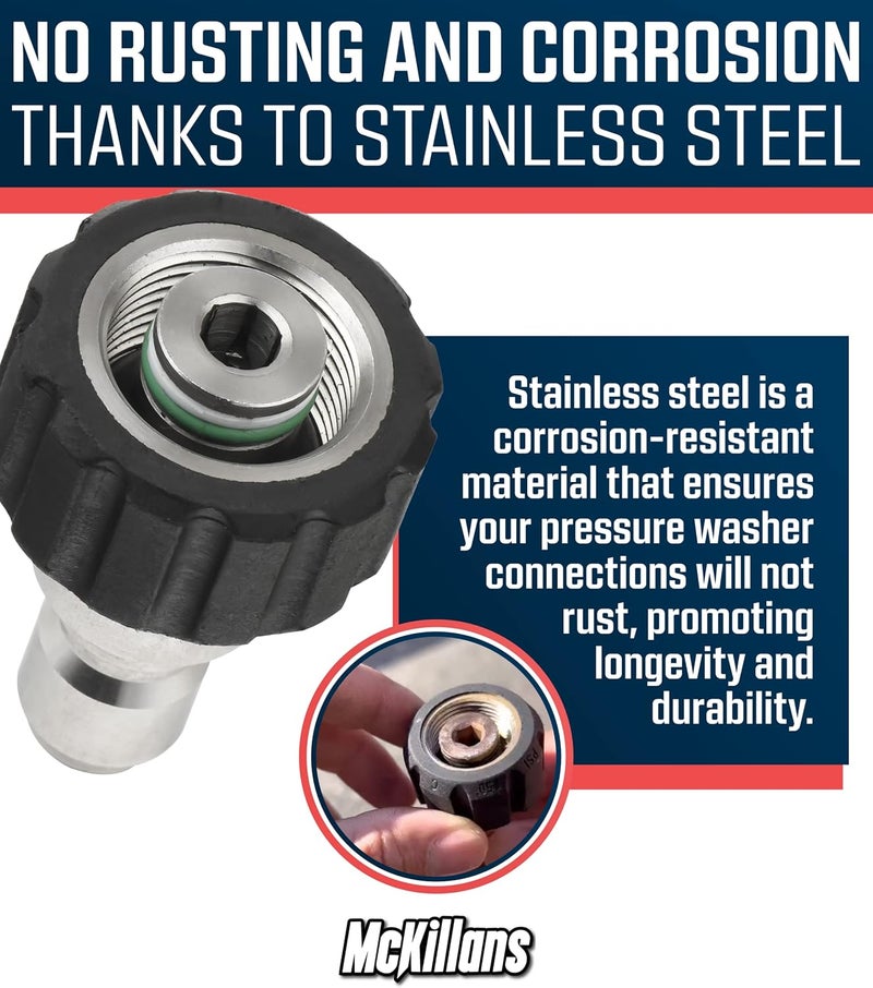 McKillans ® M22-15mm Pressure Washer Quick Connect Kit, M22-15mm to 3/8" Male Female Quick Disconnect Kit for Power Washer (Stainless Steel) - Image 5